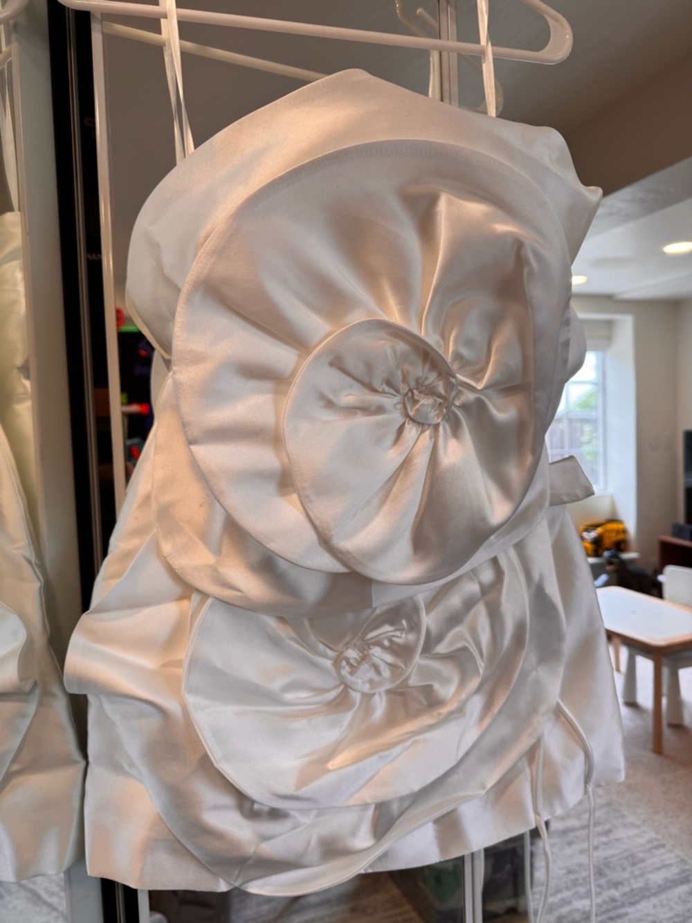 Strapless White Satin Mini Dress with Rosette Accents